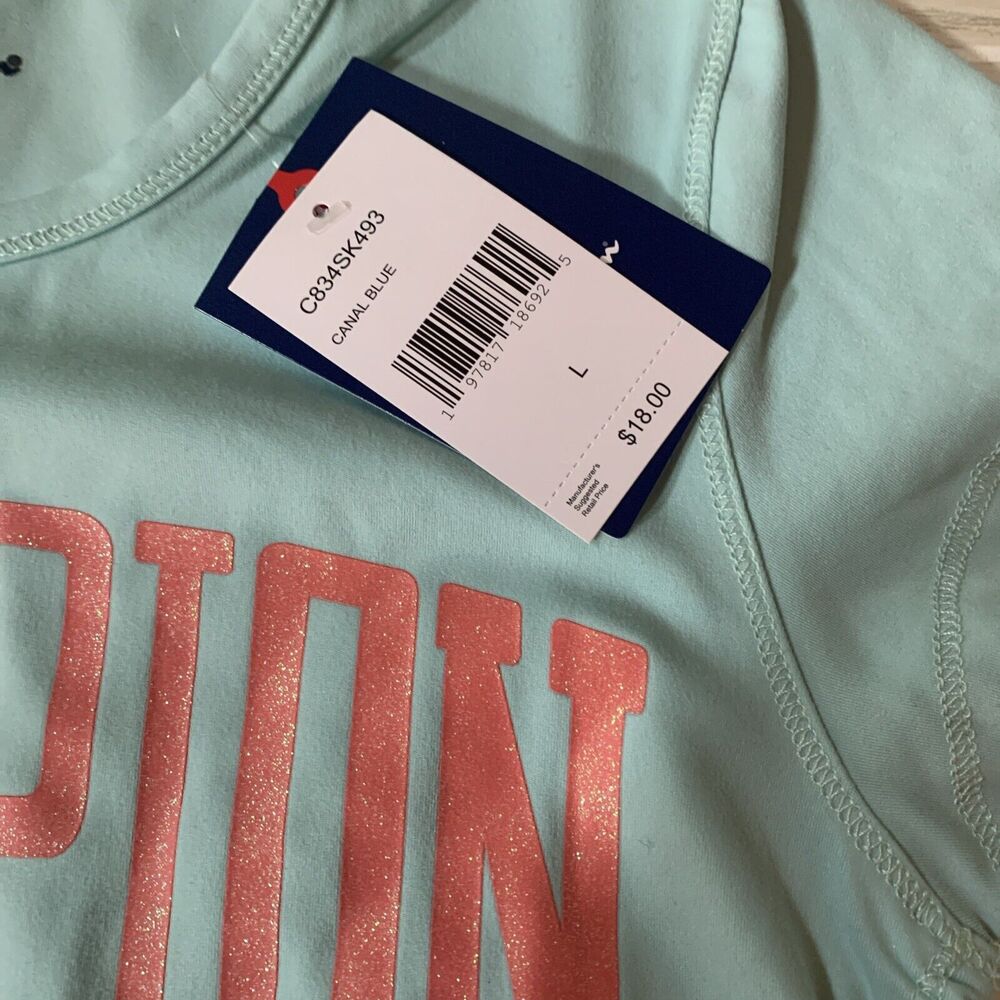 Champion Girls Small Short Sleeve Shirt Canal Blue Orange Sparkly‎ Decal - Picture 3 of 7